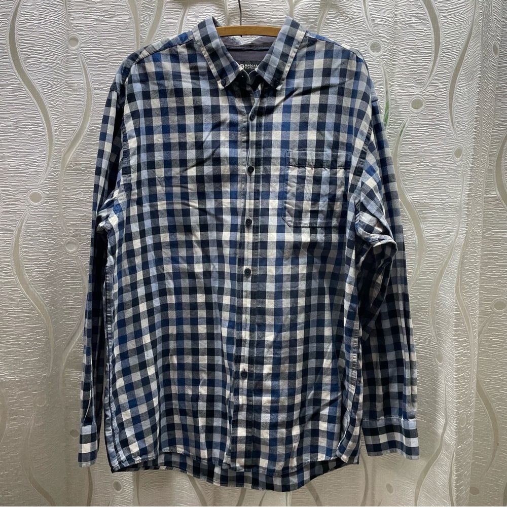 Haggar‎ Button Down Shirt Mens XL Blue White Gingham Check Cotton Long Slv